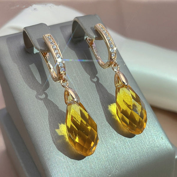 Champagne Gold-Tone Golden-Yellow Crystal Briolette Drop Earrings