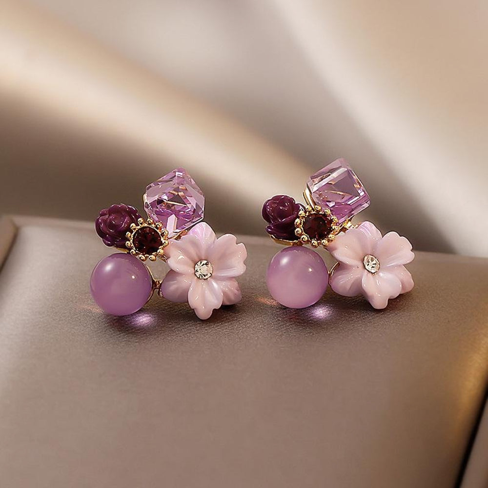 Gold-Tone Purple Crystal Flower and Bead Cluster Stud Earrings