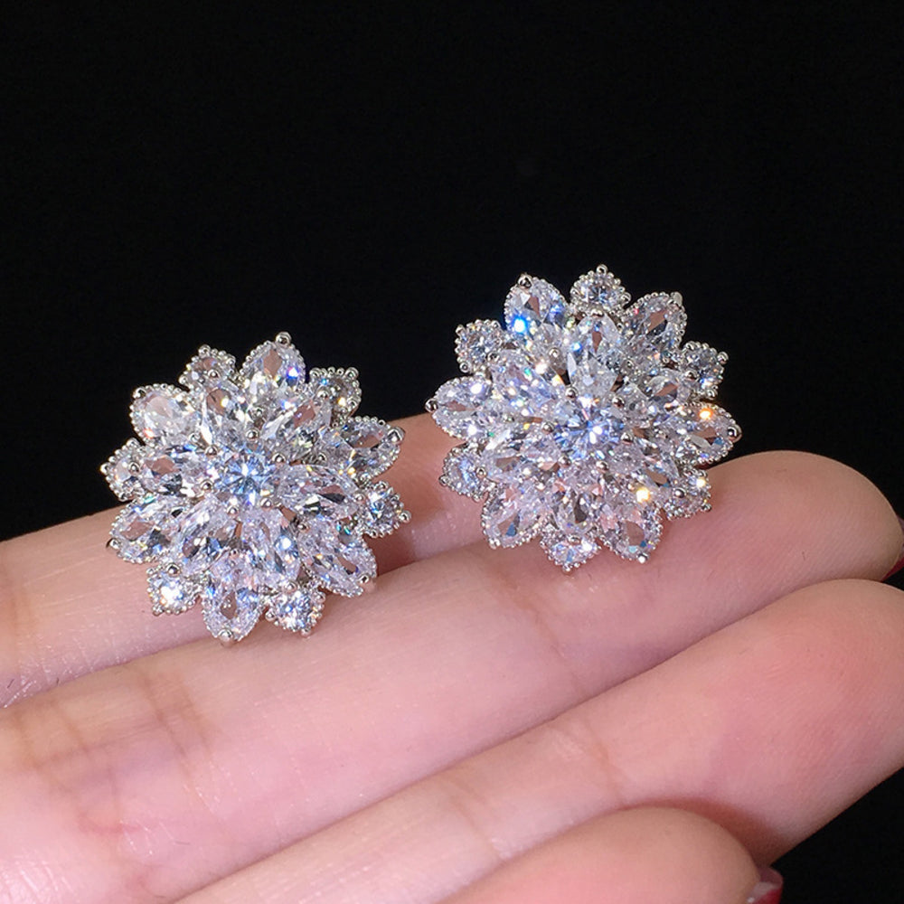 Silver-Tone Crystal Snowflake Cluster Stud Earrings