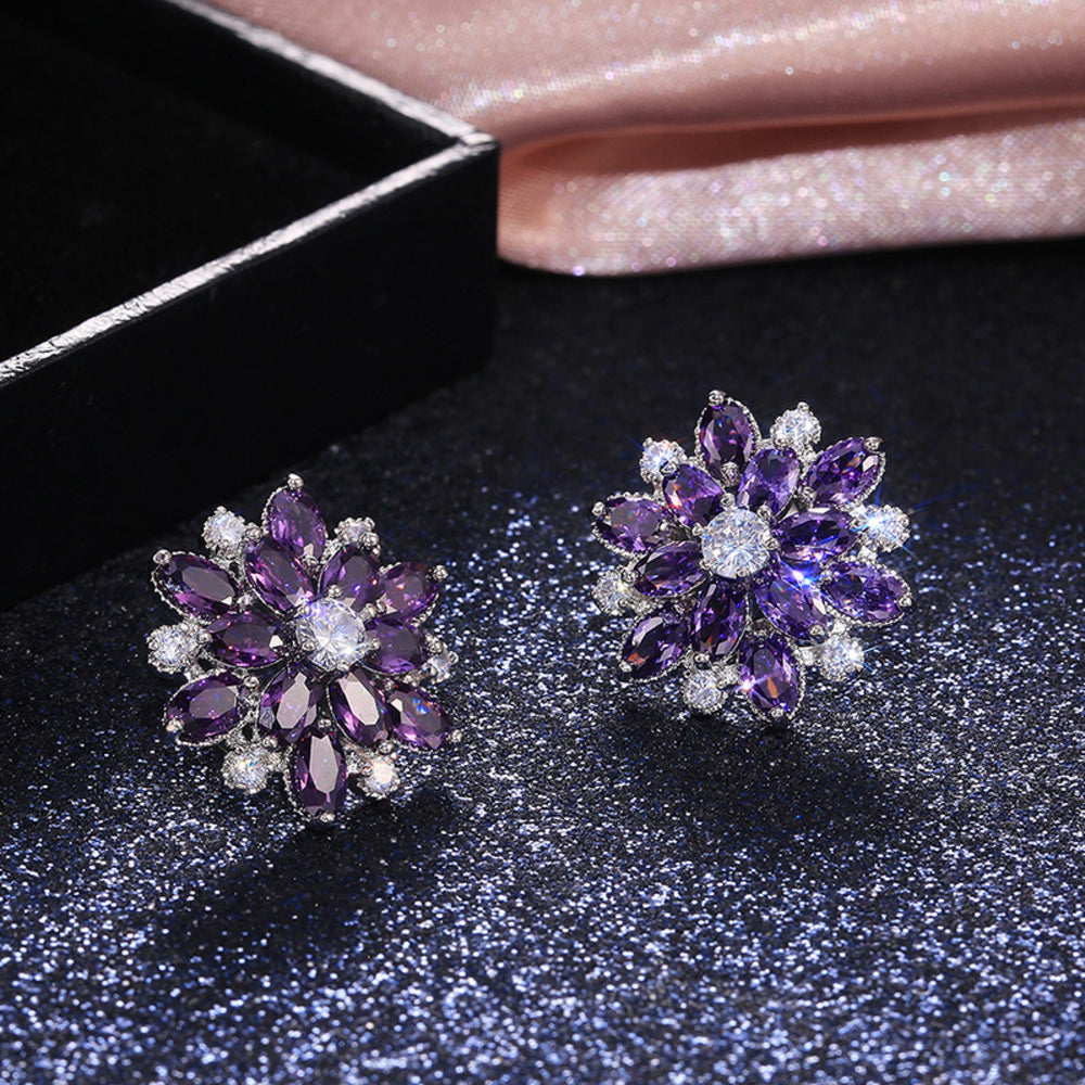 Silver-Tone Purple Marquise Crystal Snowflake Stud Earrings