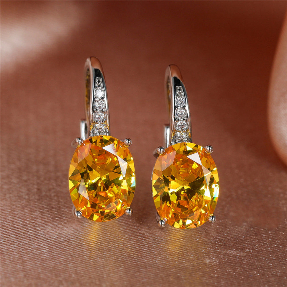 Silver-Tone Yellow Crystal Oval Solitaire Huggie Earrings