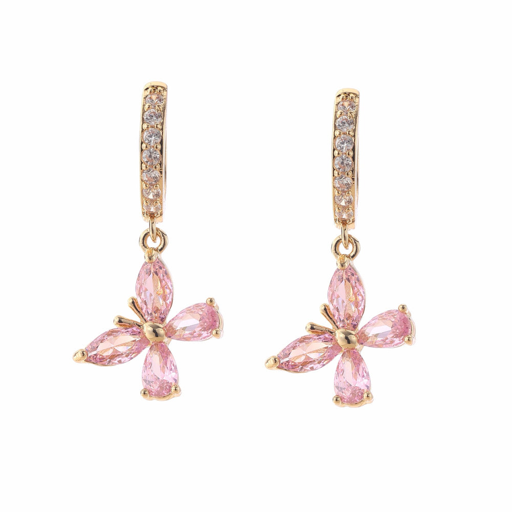 Gold-Tone Pink Crystal Butterfly Dangle Huggie Earrings