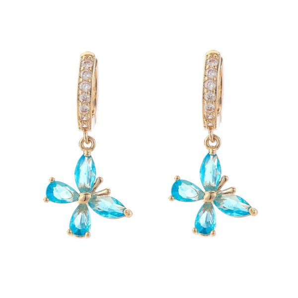 Gold-Tone Sky Blue Crystal Butterfly Dangle Huggie Earrings