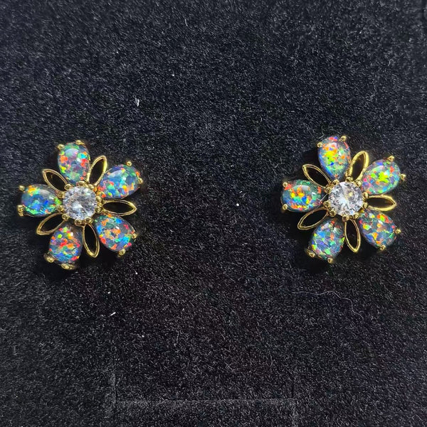 Gold-Tone Black Simulated Opal Teardrop Petal Flower Stud Earrings