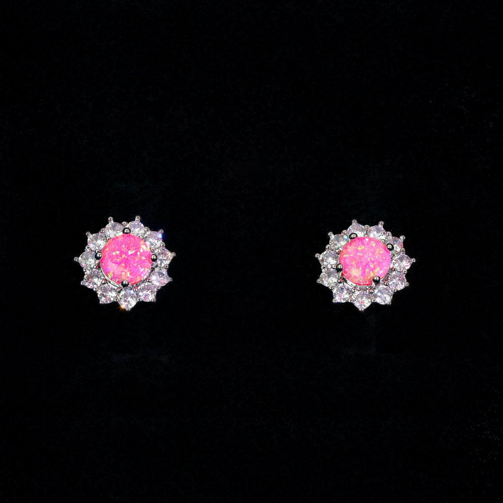 Silver-Tone Round Pink Simulated Opal Sunflower Halo Stud Earrings