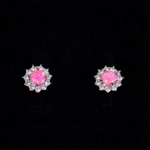 Silver-Tone Round Pink Simulated Opal Sunflower Halo Stud Earrings
