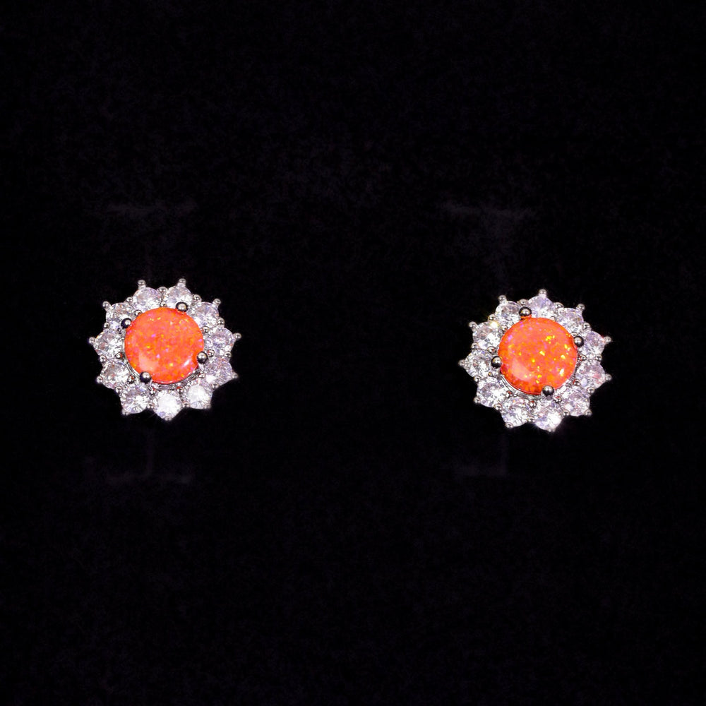 Silver-Tone Round Orange Simulated Opal Sunflower Halo Stud Earrings