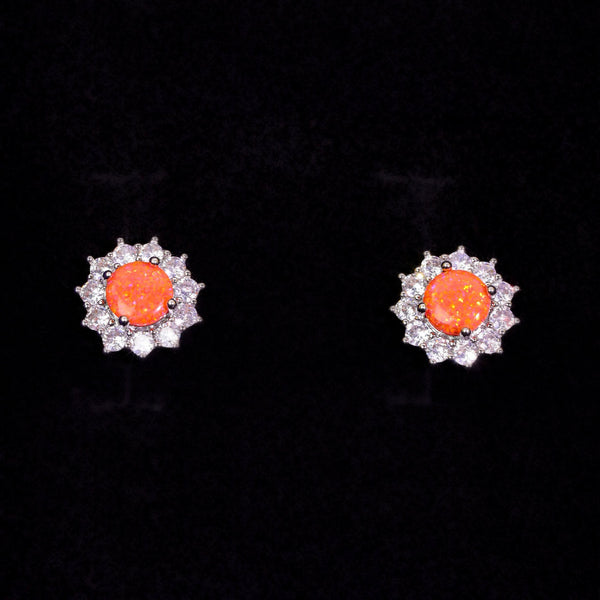 Silver-Tone Round Orange Simulated Opal Sunflower Halo Stud Earrings