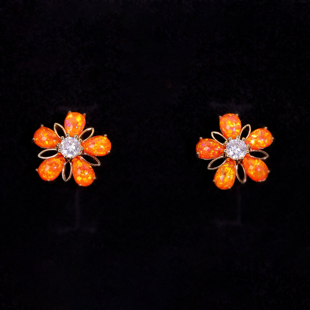 Gold-Tone Orange Teardrop Simulated Opal Flower Stud Earrings With Crystal