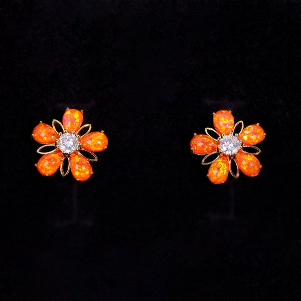 Gold-Tone Orange Teardrop Simulated Opal Flower Stud Earrings With Crystal