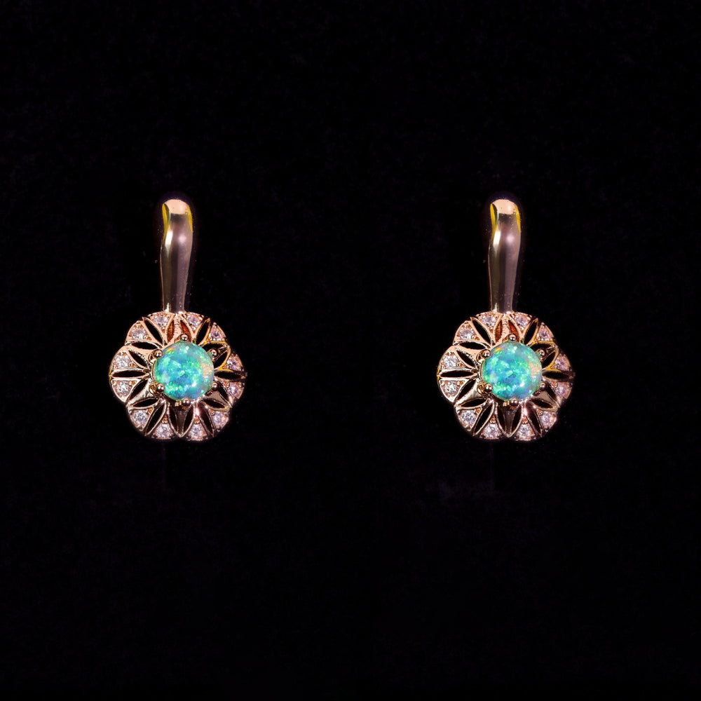 Gold-Tone Round Green Simulated Opal Flower Medallion Drop Earrings