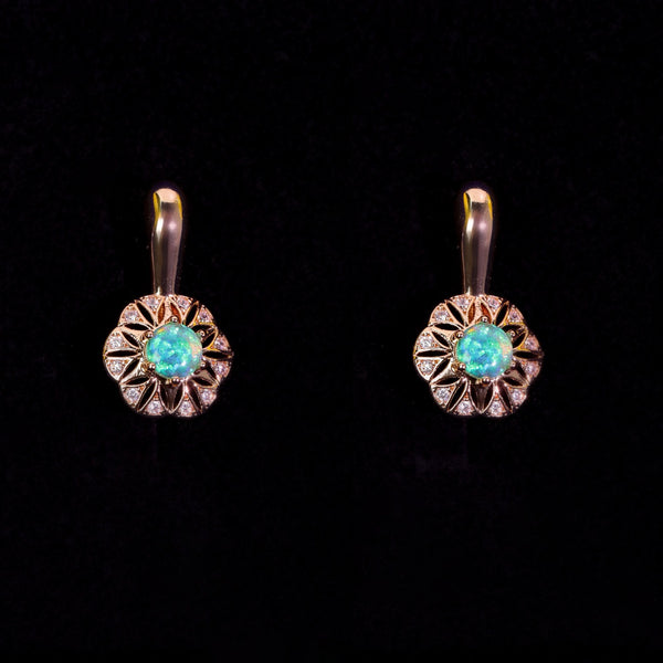 Gold-Tone Round Green Simulated Opal Flower Medallion Drop Earrings