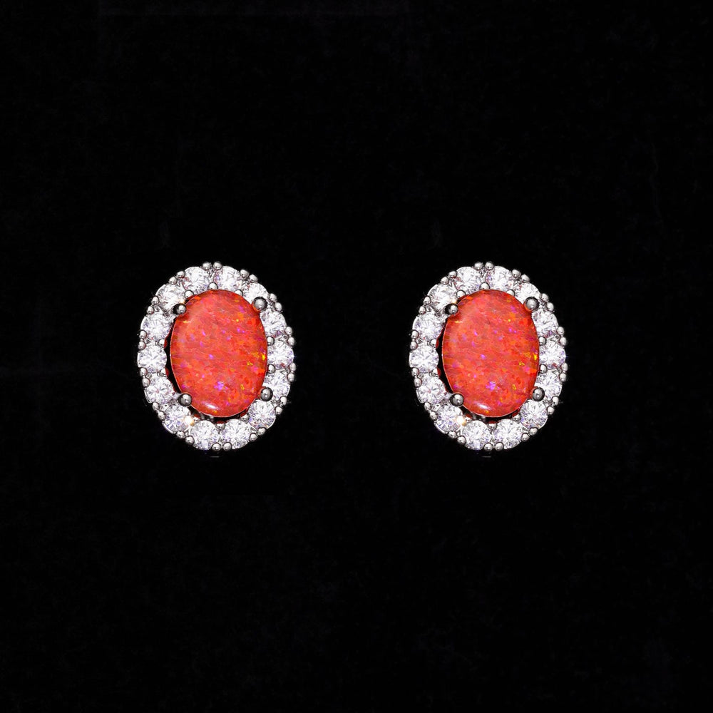 Silver-Tone Oval Orange Simulated Opal Crystal Halo Huggie Earrings