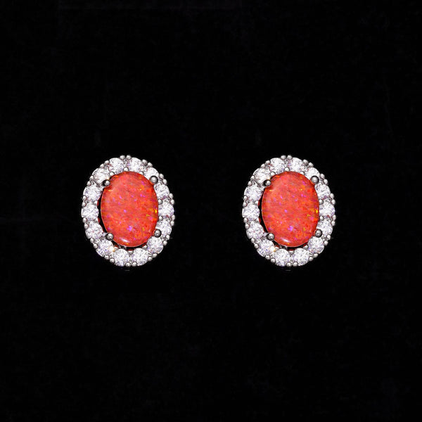 Silver-Tone Oval Orange Simulated Opal Crystal Halo Huggie Earrings