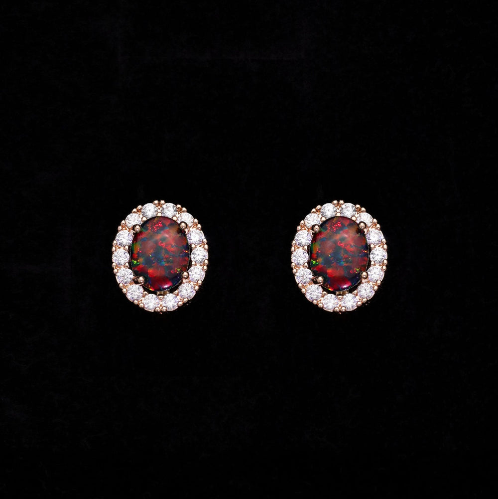 Rose Gold-Tone Oval Black Simulated Opal Crystal Halo Huggie Earrings