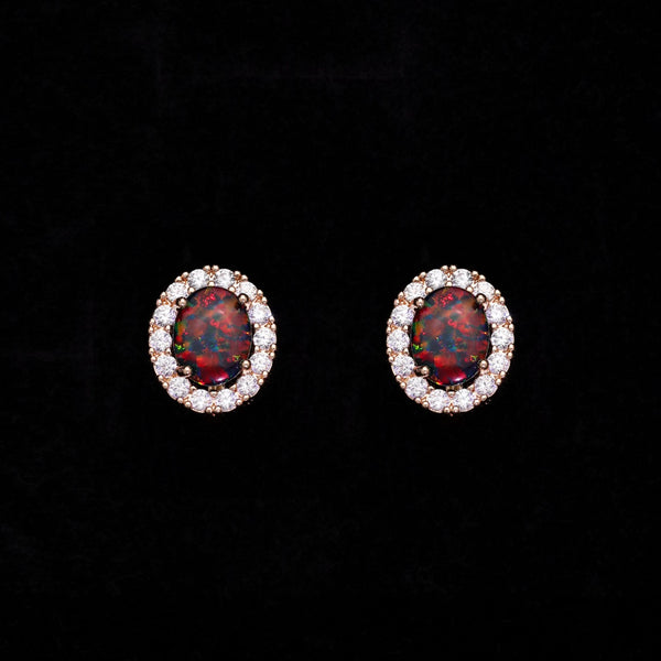 Rose Gold-Tone Oval Black Simulated Opal Crystal Halo Huggie Earrings