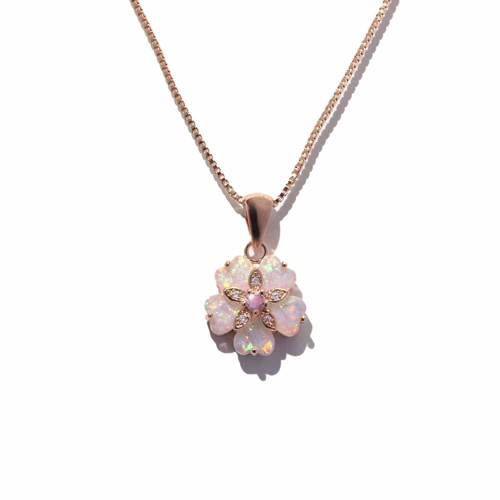 Rose Gold-Tone White Simulated Opal Cherry Blossom Pendant Necklace