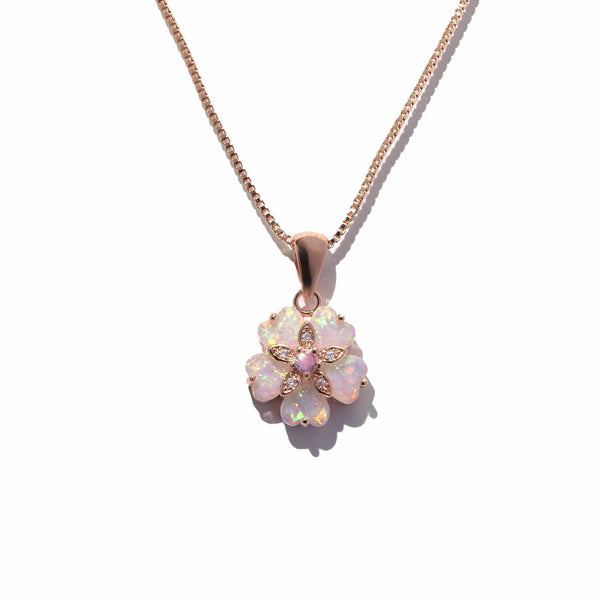 Rose Gold-Tone White Simulated Opal Cherry Blossom Pendant Necklace