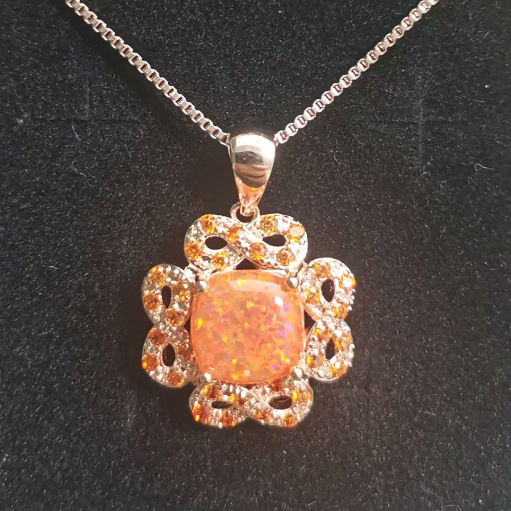 Gold-Tone Orange Simulated Opal & Orange Crystal Openwork Flower Necklace