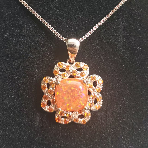 Gold-Tone Orange Simulated Opal & Orange Crystal Openwork Flower Necklace
