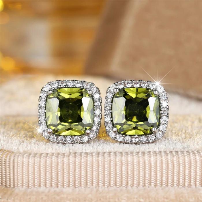 Silver-Tone Olive Green Cushion Crystal Halo Stud Earrings