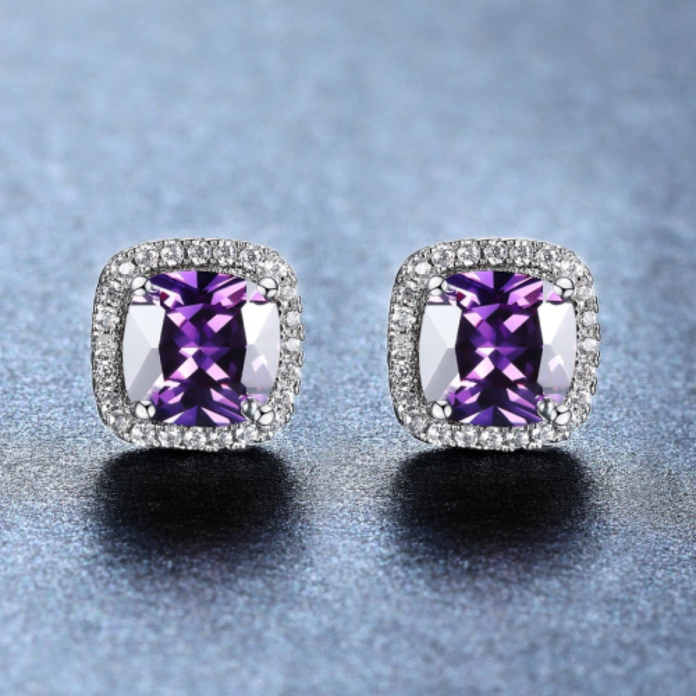 Silver-Tone Cushion Purple Crystal Halo Stud Earrings