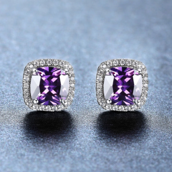 Silver-Tone Cushion Purple Crystal Halo Stud Earrings