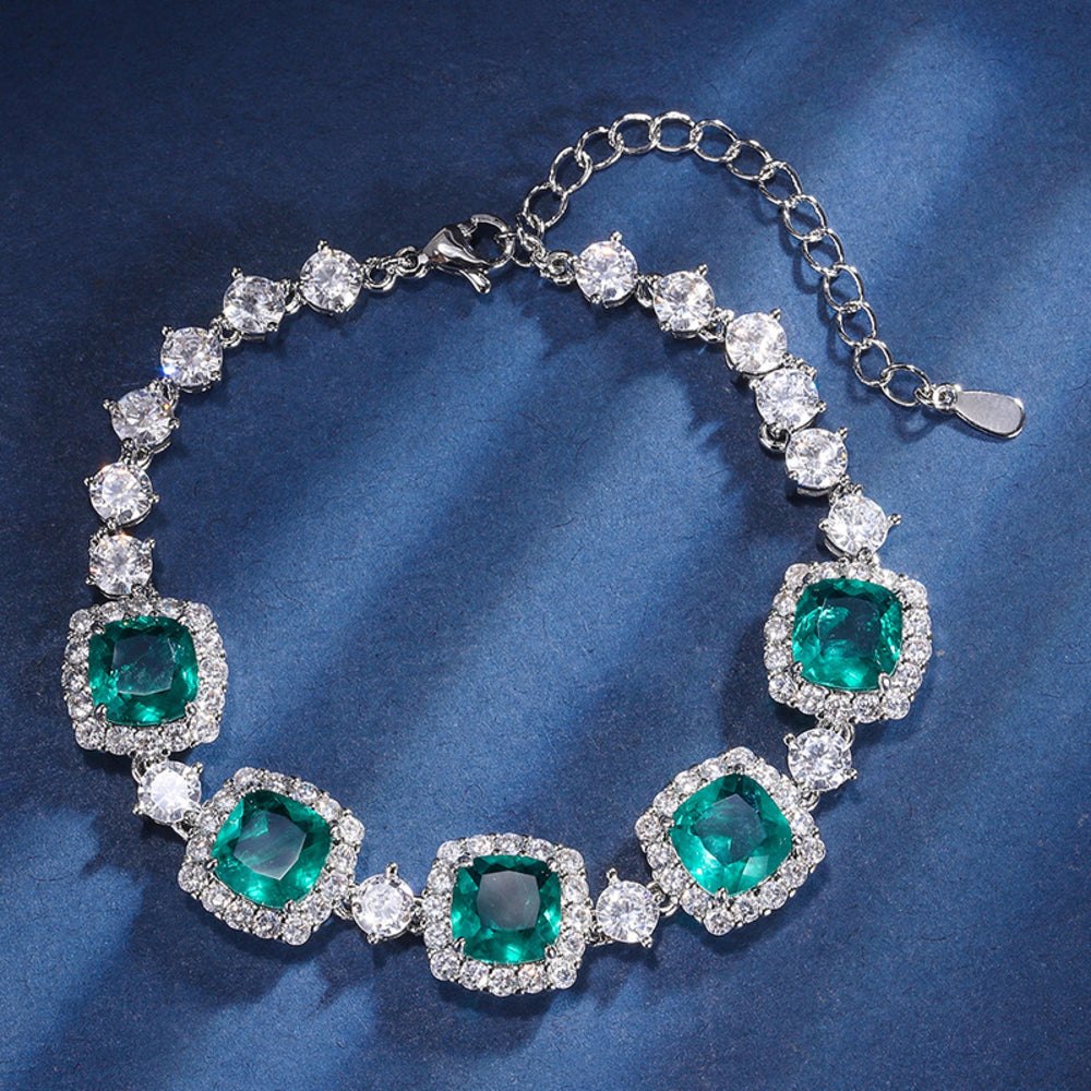 Silver-Tone Emerald-Green Cushion Crystal Halo Tennis Bracelet