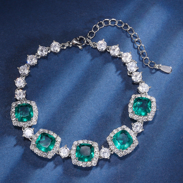 Silver-Tone Emerald-Green Cushion Crystal Halo Tennis Bracelet