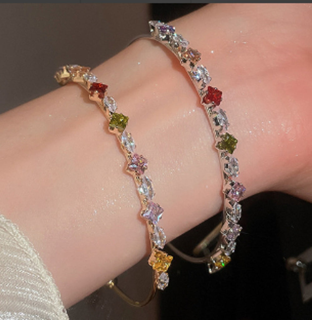 Silver-Tone Open Multicolor Geometric CZ Star Bangle
