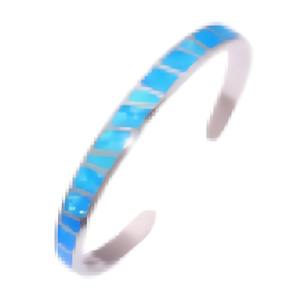 Silver-Tone Blue Simulated Opal Inlay Open Cuff Bangle Bracelet