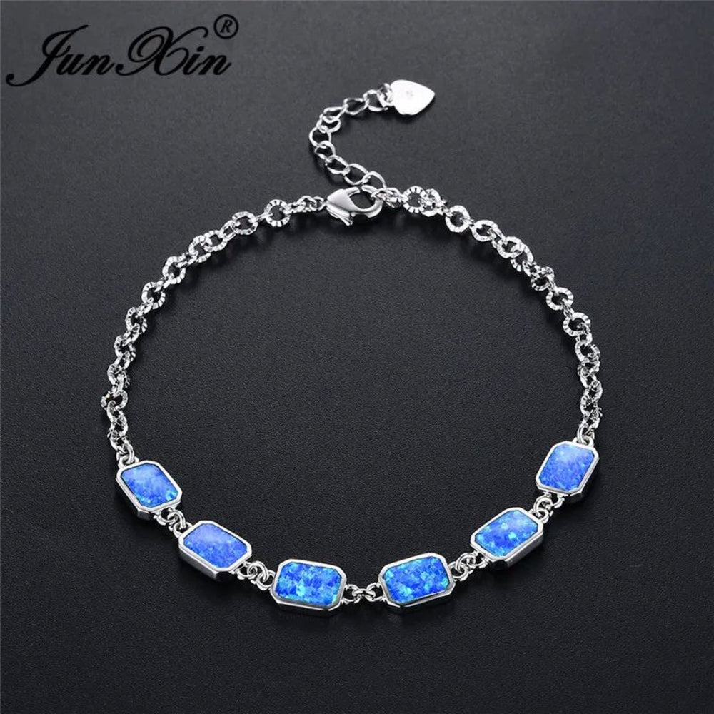 Sterling Silver Rectangular Blue Simulated Opal Station Bracelet