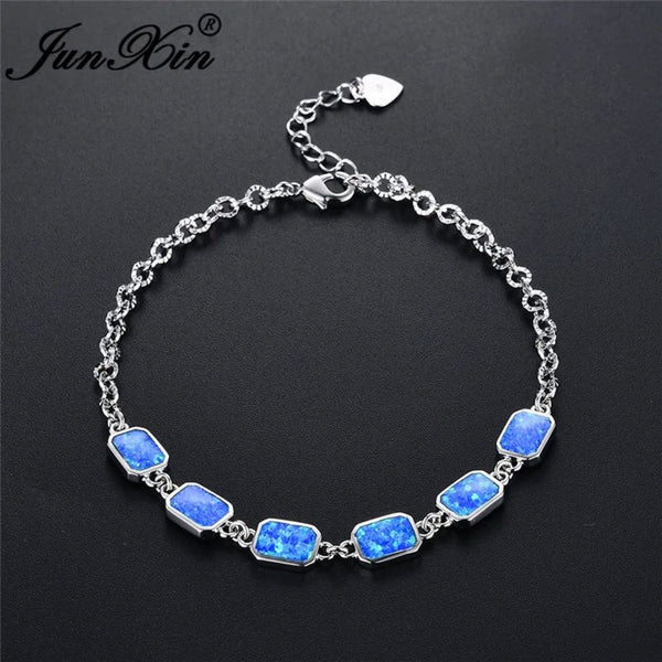 Sterling Silver Rectangular Blue Simulated Opal Station Bracelet