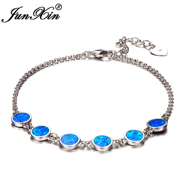 Sterling Silver Round Blue Simulated Opal Station Chain Bracelet