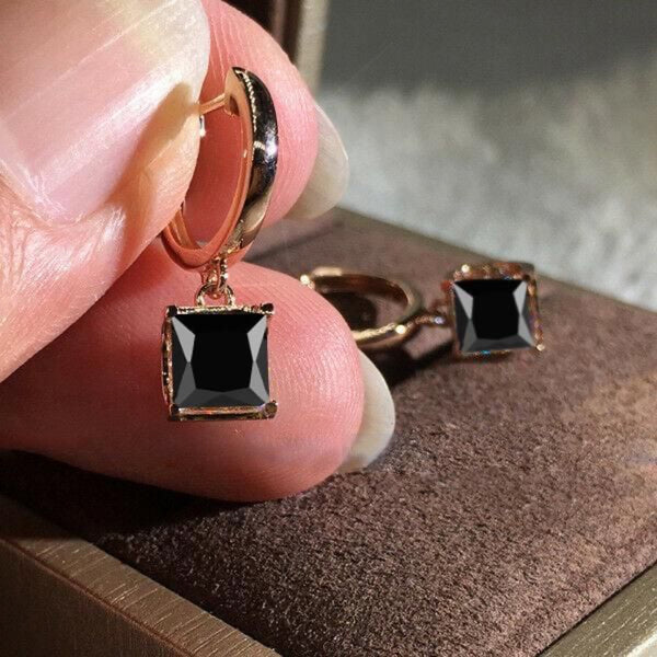 Rose Gold-Tone Square Black Crystal Dangle Drop Earrings