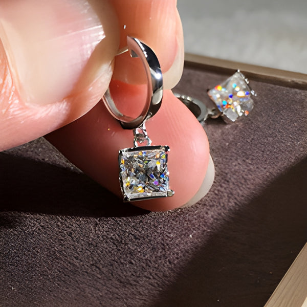 Silver-Tone Princess-Cut CZ Dangle Huggie Earrings