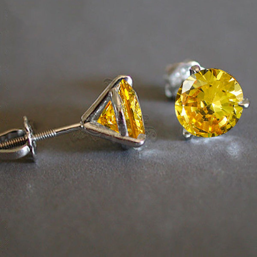 Silver-Tone Yellow Crystal Three-Prong Screw-Back Stud Earrings