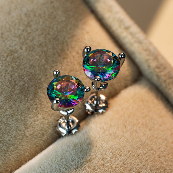 Silver-Tone Mystic Rainbow Crystal Three-Prong Stud Earrings