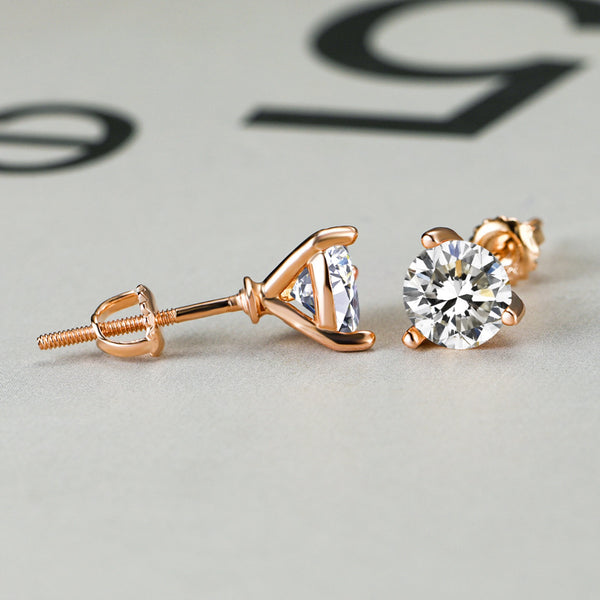 Rose Gold-Tone Round White Crystal Screw-Back Stud Earrings