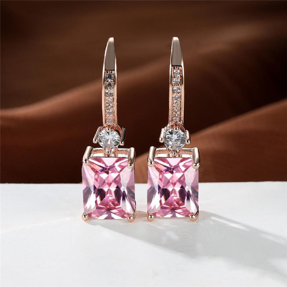 Rose Gold-Tone Pink Square Crystal Drop Earrings With CZ Accents