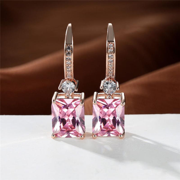 Rose Gold-Tone Pink Square Crystal Drop Earrings With CZ Accents