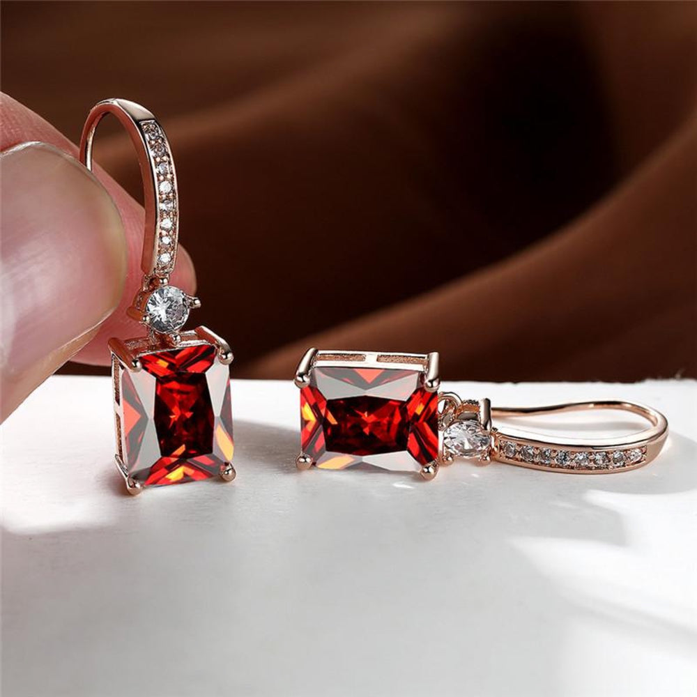 Rose Gold-Tone Red Square Crystal Drop Earrings With CZ Accents