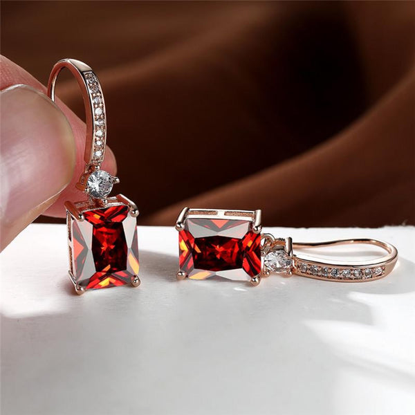 Rose Gold-Tone Red Square Crystal Drop Earrings With CZ Accents