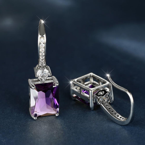 Silver-Tone Purple Square Crystal Drop Earrings With CZ Accents