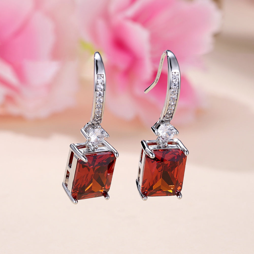 Silver-Tone Red Emerald-Cut Crystal CZ Pavé Drop Earrings
