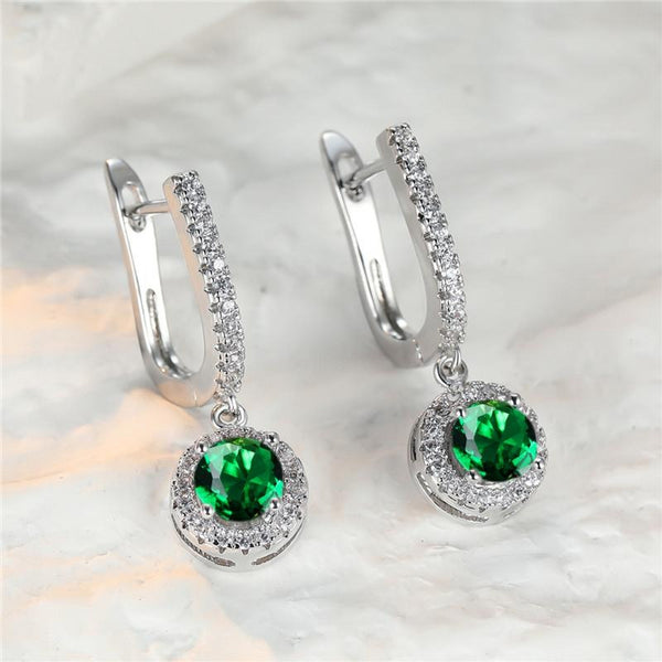 Silver-Tone Vintage-Style Green Round Crystal Drop Earrings