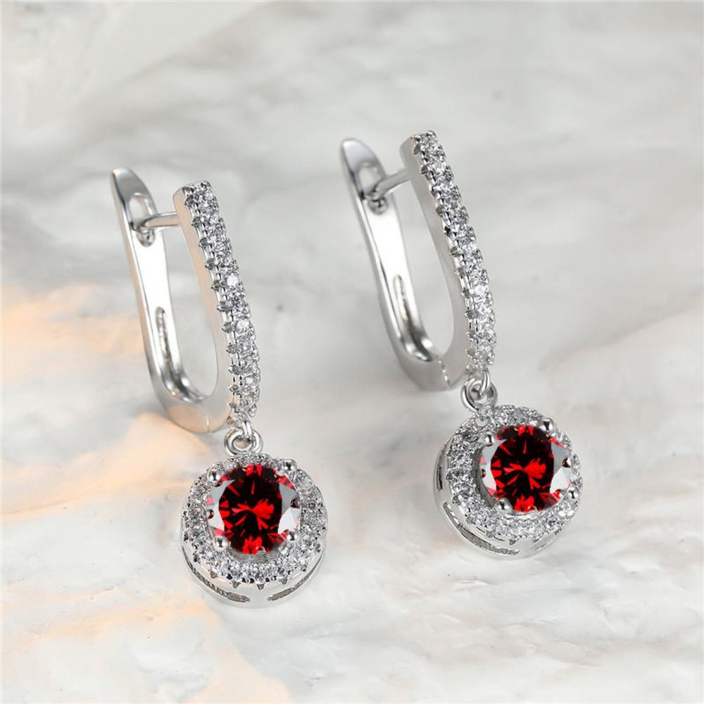 Silver-Tone Ruby-Red Crystal Round Halo Drop Earrings