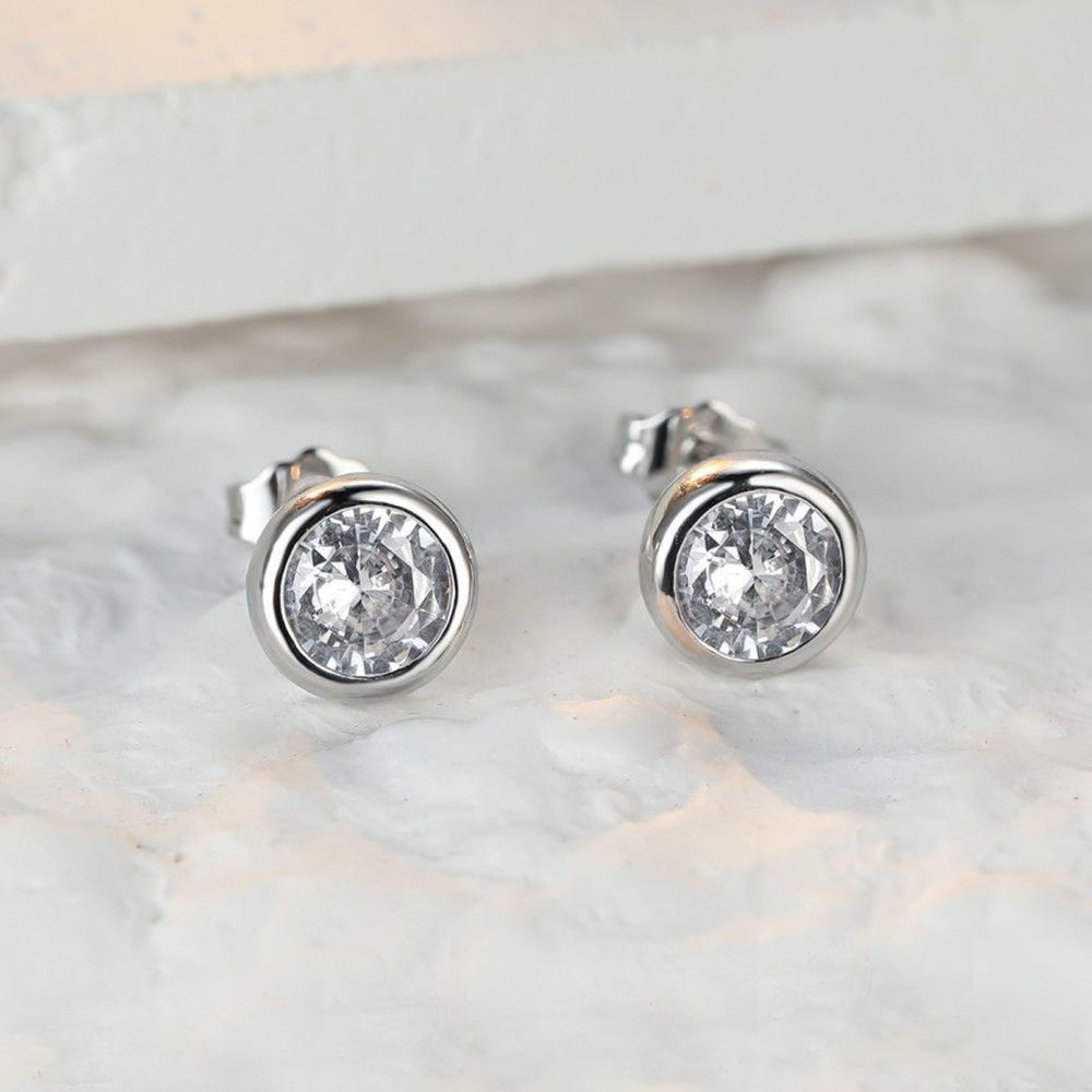 Silver-Tone Clear Crystal Round Bezel-Set Stud Earrings