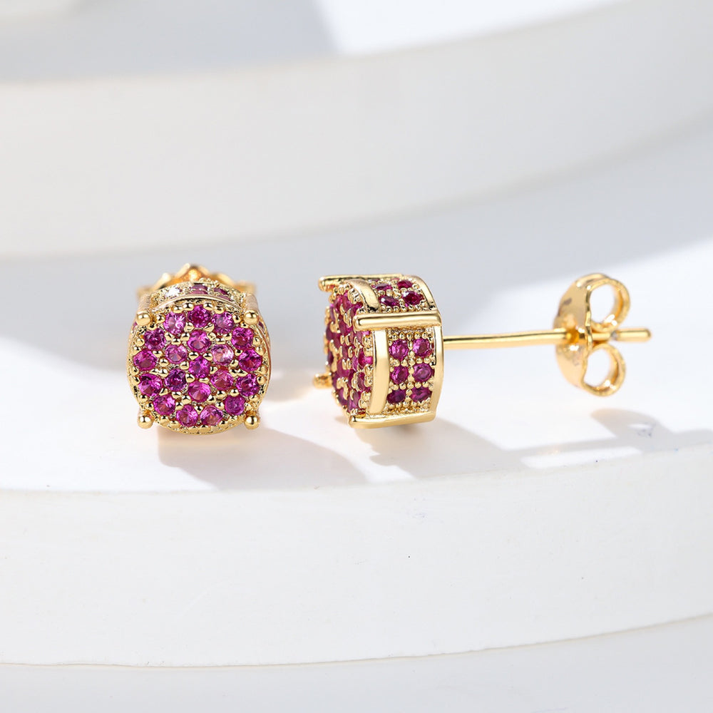 Gold-Tone Ruby-Red Cubic Zirconia Pave Round Dome Stud Earrings
