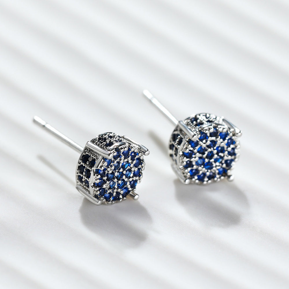 Silver-Tone Royal Blue CZ Pave Round Cluster Stud Earrings